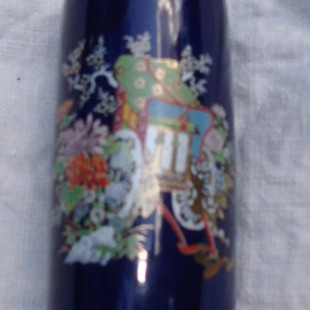 Blue Bud Vase Japan Vintage Porcelain Glass Gold Leaf Home Decor Small Vases VTG - Picture 6 of 10